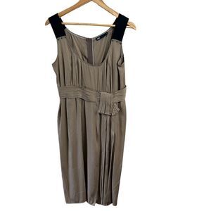 6267 Women Sleeveless Silk Blend Pleated Scoopneck Mini Dress Tan Black Size 10